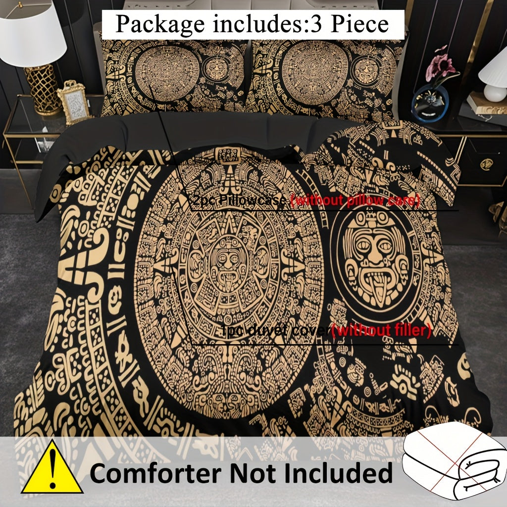 3pcs Comfortable Retro Mayan Civilization Theme Duvet Cover Set, Soft High-Definition Digital Print, Black And Golden Design, All-Season, Family And Friends Gift, Machine Washable (1 Duvet Cover + 2 Pillowcases, No Filling)