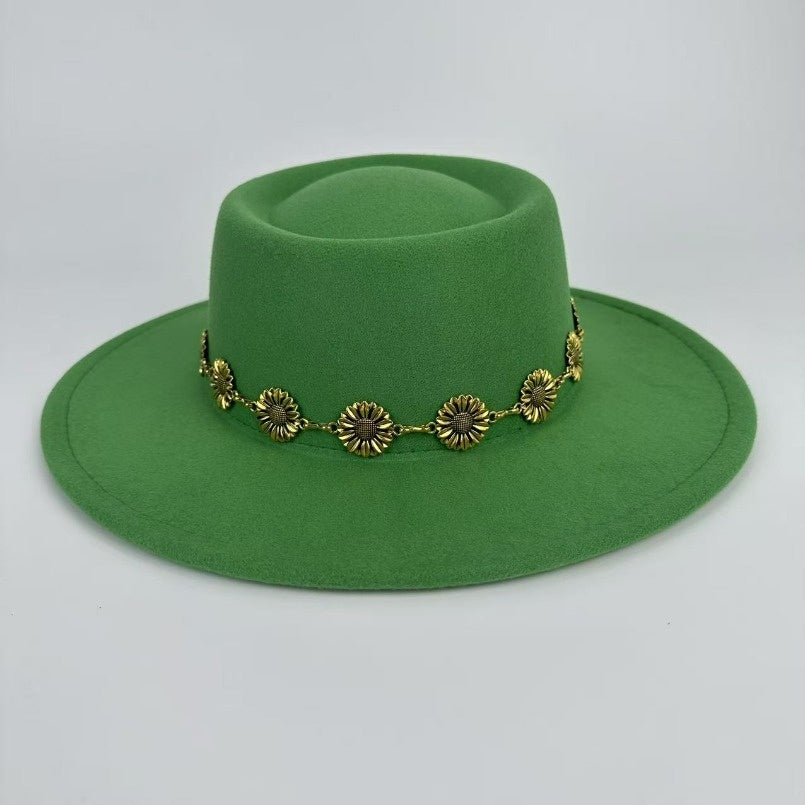 1pc Bohemian-style Unique and Fashionable Felt Hat - Decorated with Exquisite Golden Flower Chain Fedora Hat - Suitable for Daily Street Style, Music Festival Outfits, Bohemian-inspired Looks, Casual Outings and Trendy Season
