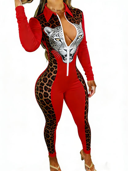 Women's Long Sleeve Slim Jumpsuit with Red & Leopard Patchwork & White Panther Head Bold Sexy Style Perfect for Daily Wear Casual Gatherings Sizes 2XS-2XL