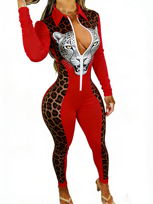 Women's Long Sleeve Slim Jumpsuit with Red & Leopard Patchwork & White Panther Head Bold Sexy Style Perfect for Daily Wear Casual Gatherings Sizes 2XS-2XL