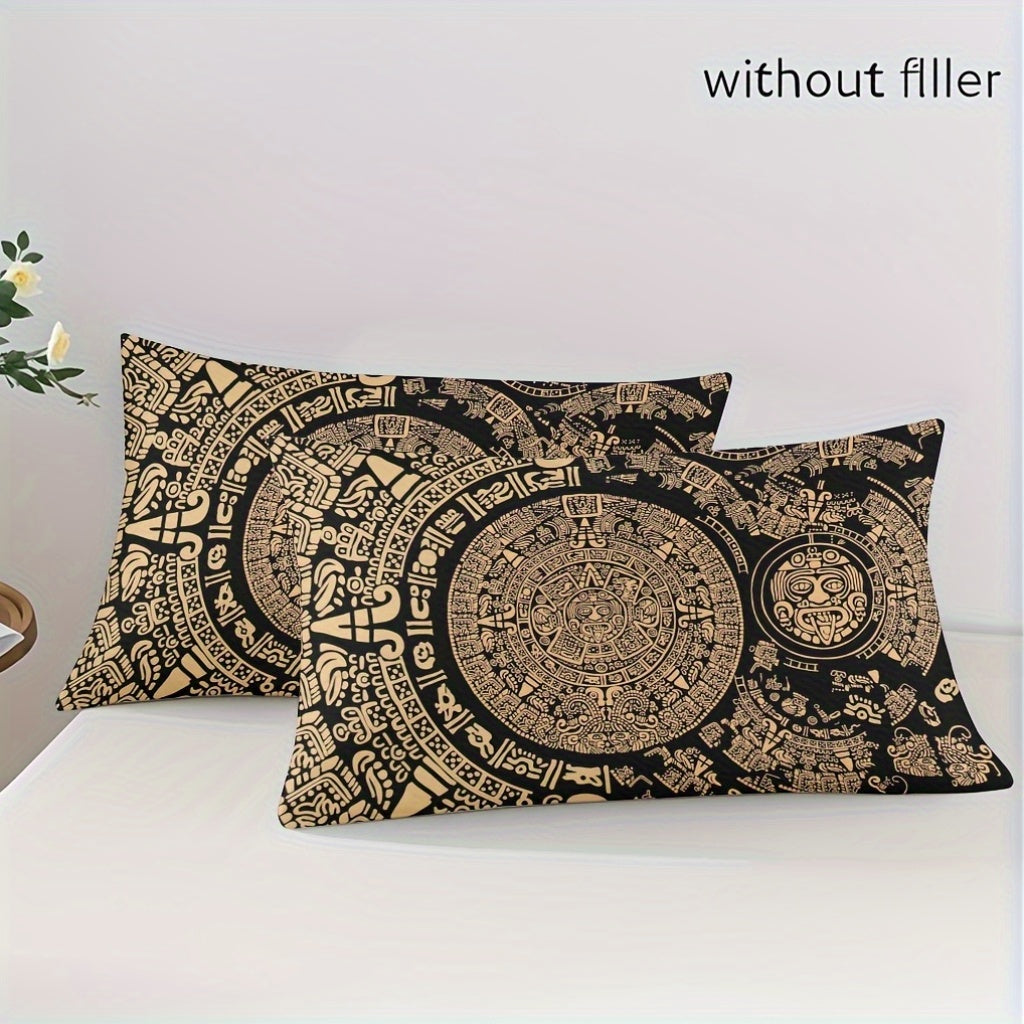 3pcs Comfortable Retro Mayan Civilization Theme Duvet Cover Set, Soft High-Definition Digital Print, Black And Golden Design, All-Season, Family And Friends Gift, Machine Washable (1 Duvet Cover + 2 Pillowcases, No Filling)