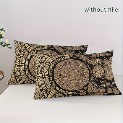 3pcs Comfortable Retro Mayan Civilization Theme Duvet Cover Set, Soft High-Definition Digital Print, Black And Golden Design, All-Season, Family And Friends Gift, Machine Washable (1 Duvet Cover + 2 Pillowcases, No Filling)