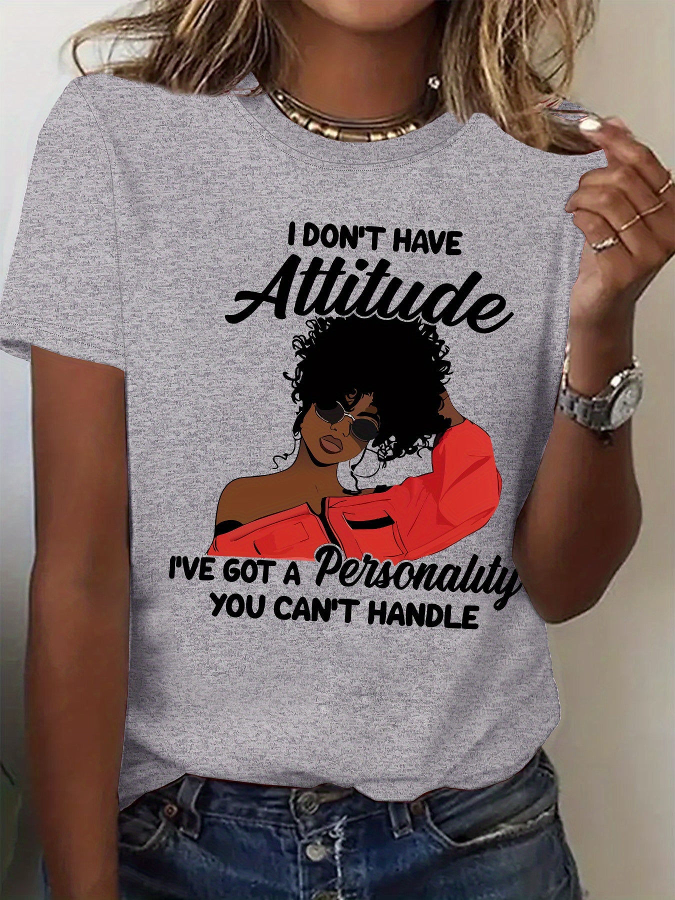 Women's "I Don't Have Attitude" Slogan Graphic T-Shirt - Vibrant Red Short Sleeve Crew Neck Casual Top with Bold Text & Fashion Glasses Design, Machine Washable All-Season Comfort Fit Tee, Fashionforward Look, Durable Fabric