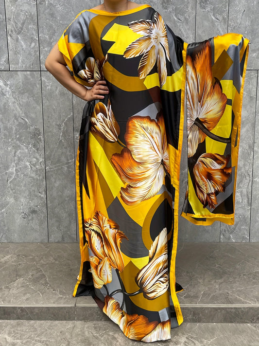 Women'S Plus Size Floral Print Tunic Dress, Polyester 100%, Crew Neck, Batwing Sleeve, Scarf Detail, Loose Fit, Non-Stretch, All-Season, Long Length, Woven, 75g/m², Party Wear
