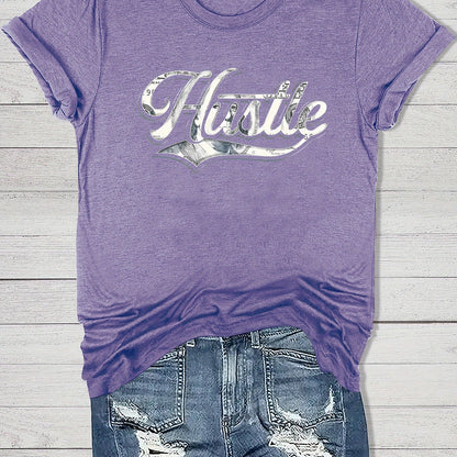 Women'S Casual "Hustle" Graphic Tee - Red Short Sleeve Round Neck T-Shirt with White Artistic Lettering, Lightweight Polyester Blend, Relaxed Fit for Spring & Summer, Casual Summer Wear | Comfortable Fit