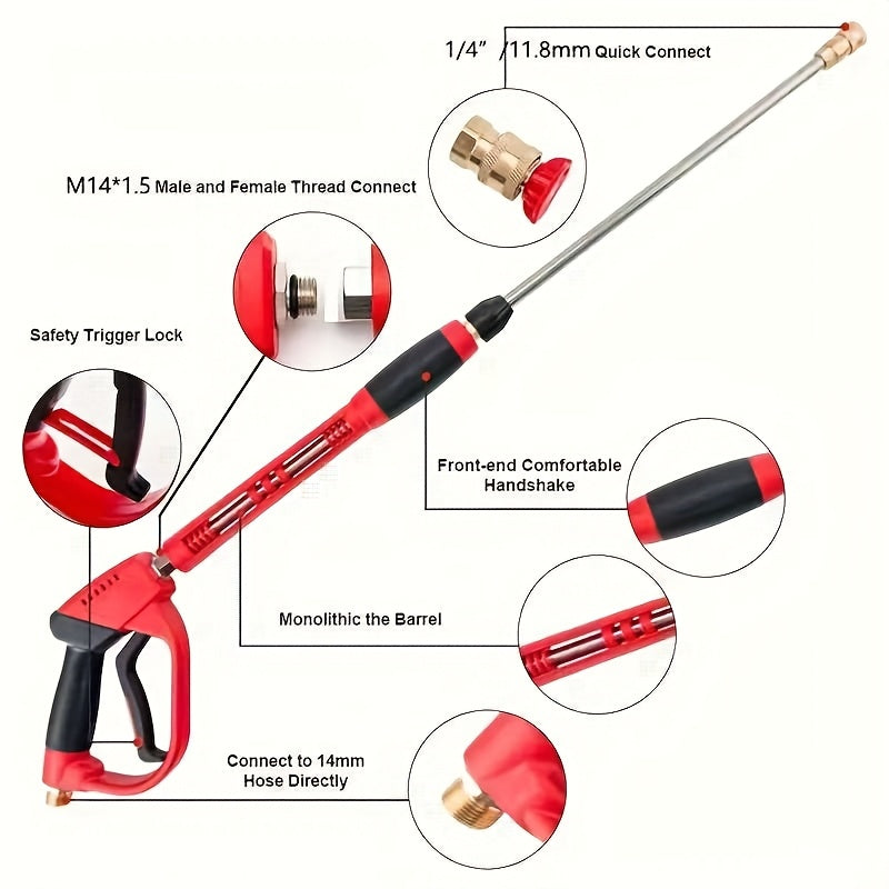 5000 PSI High-Pressure Wash Gun with 5 Nozzle Heads & M22 Connector - 39-Inch Heavy-Duty Stainless Steel Pressure Washer for Cars, Trucks, Motorcycles, Bikes, Lawn Equipment - Ergonomic Handle, Durable Construction, Car Wash