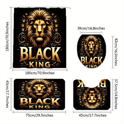 1/ 3/ 4pcs Lion Pattern Bathroom Curtain, Toilet Cover Cover, Shower Curtain with 12 Plastic Hooks, 72 Inches X 72 Inches (Available in Single or Triple or Quad)
