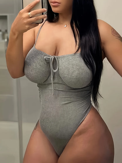 Plus Size - Ladies' Strap Bow Tie Halter Bodysuit, Plus Size Summer Outfit, Form-Fitting Jumpsuit, Sexy Attire | - Blend | Floral Lace Details | Sleeveless, Open Back Design | Stretchy And Comfortable | Machine Washable | Ver