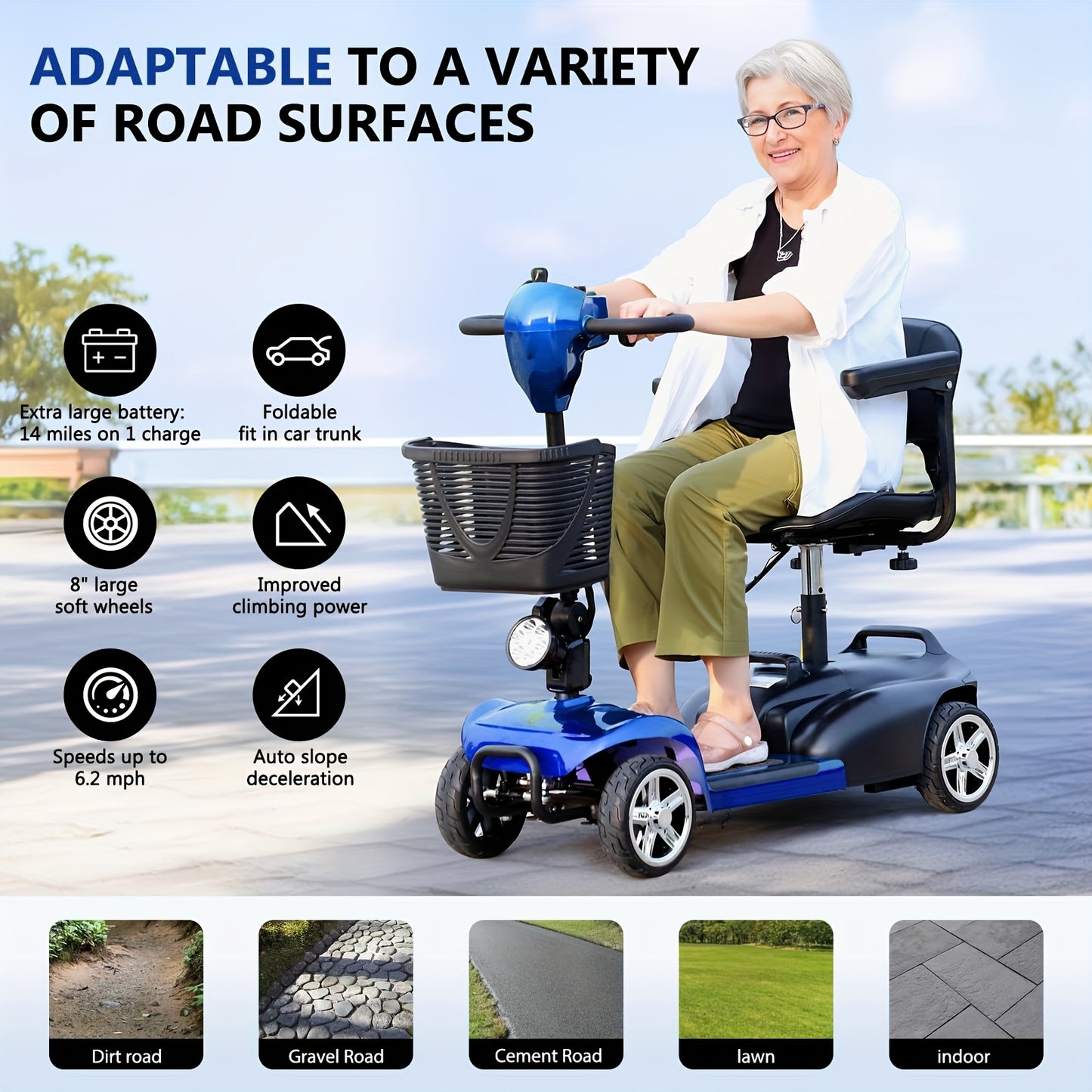 15-Mile Range Electric Mobility Scooter for Adults & Seniors - 250W Motor, 240WH Battery, Foldable 4-Wheel Design, 265LB Capacity, Compact Portable w/Cup Holder - Indoor/Outdoor Use, Electric Scooter for Adults, Indoor Mobili