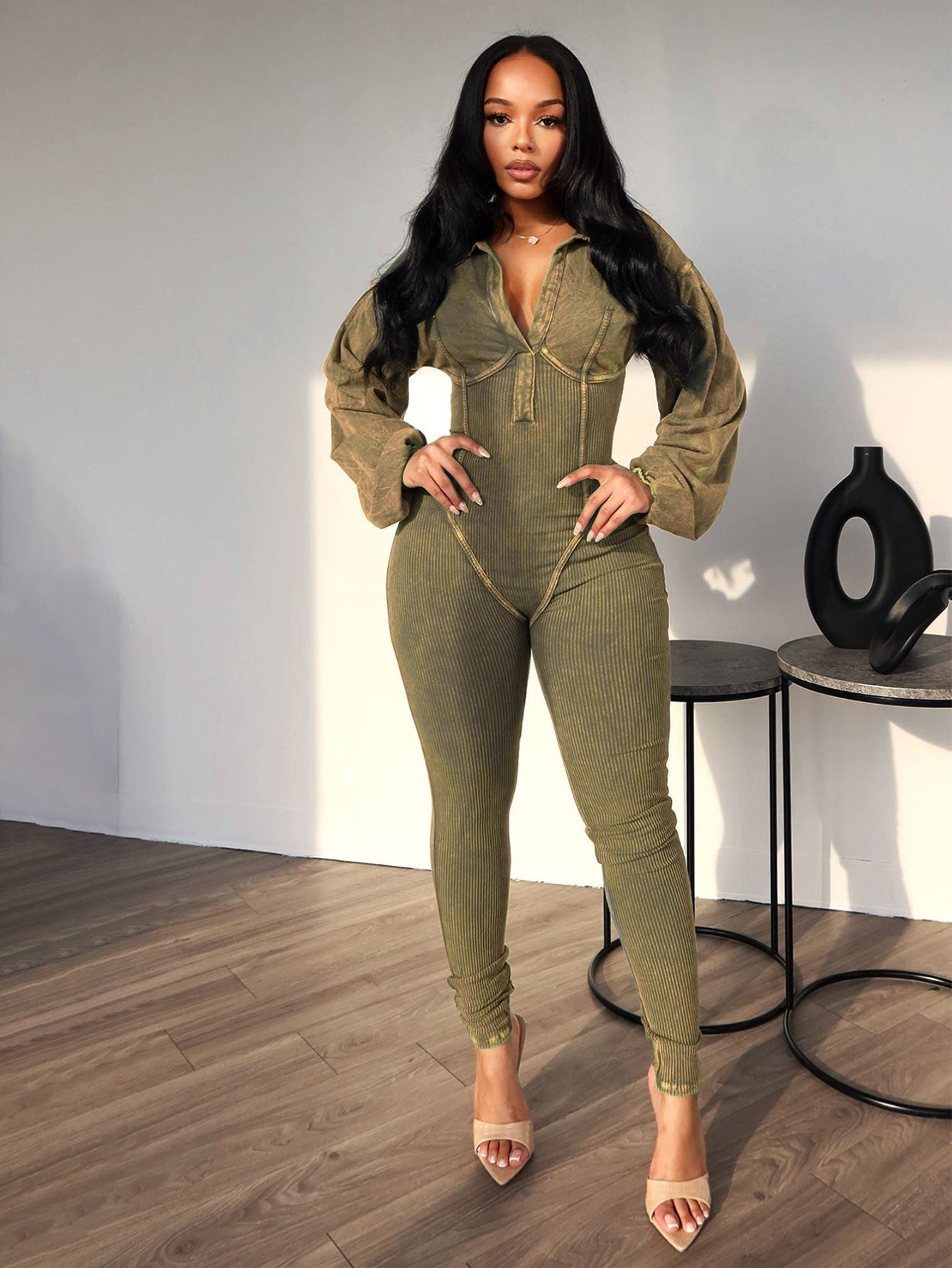 Fashion Women's Clothing Washed and Distressed Sexy Deep V Tight Long Sleeve Autumn and Winter Jumpsuit