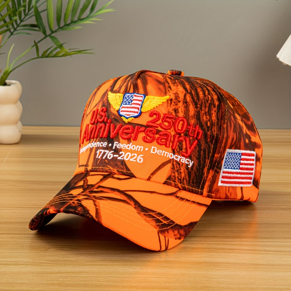 250th Anniversary Edition (1975-2025) USA Flag & Camo Baseball Cap - Unisex Adjustable Retro 3D Embroidery Hat with 250/225/200/150/125 Year Badge, Lightweight Snapback for Men & Women, July 4th Independence Day Collectible,