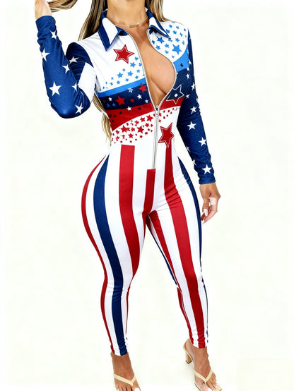 Women's Allover Printed Jumpsuit - Long Sleeve with Zipper, Elegant Sexy, 4-Season Party & Special Occasion Outfit