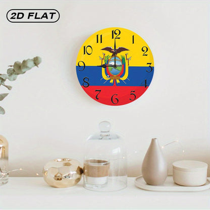 1pc Rustic Farmhouse Ecuador Flag Wooden Wall Clock, Silent Quartz Movement, Round Shape, AA Battery Operated (Not Included), Decorative Inspirational Timepiece for Kitchen, Bedroom, Living Room, Bathroom, Office - 2D Flat De