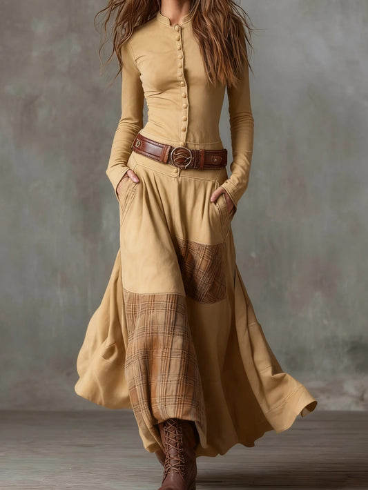 Plus Size - HERTALK2025 Women'S Retro Patchwork Wide-leg Loose High-waist Stretchable Straight Long-sleeved Long Dress(No Belt)