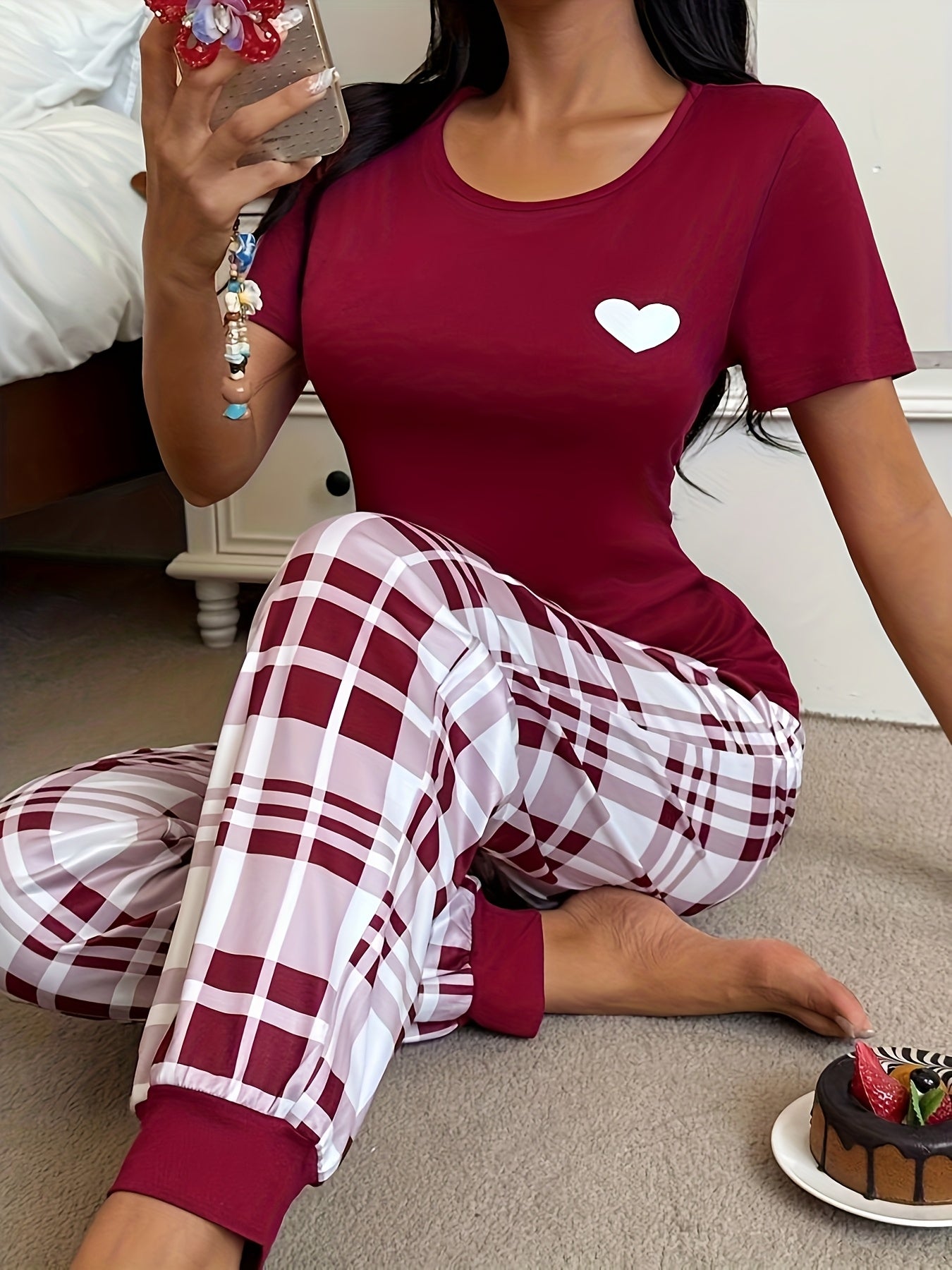 Women'S Red & Plaid Long Pajama Set - Cozy Fall Pajamas with Heart Pattern, Round Neck, Casual Style, All-Season Comfort, Perfect for Home Relaxation, Cozy Home Wear | Plaid Pajama Set | Comfortable Fit