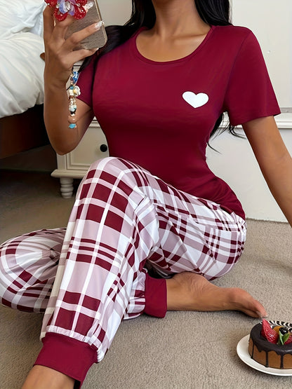 Women'S Red & Plaid Long Pajama Set - Cozy Fall Pajamas with Heart Pattern, Round Neck, Casual Style, All-Season Comfort, Perfect for Home Relaxation, Cozy Home Wear | Plaid Pajama Set | Comfortable Fit