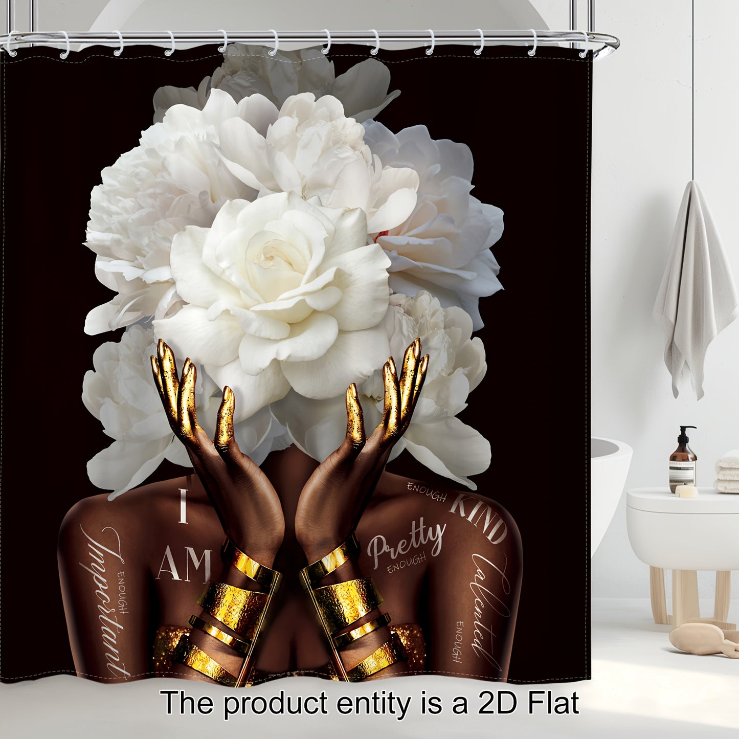 1pc or 4pcs African American Woman Floral Shower Curtain Set with 12 Hooks - Modern Black & White Peony Flower Design, Empowering "I Am Beautiful" Quote Bathroom Decor, Non-Slip Bath Mat, U-Shaped Toilet Mat & Cover Mat - Mac