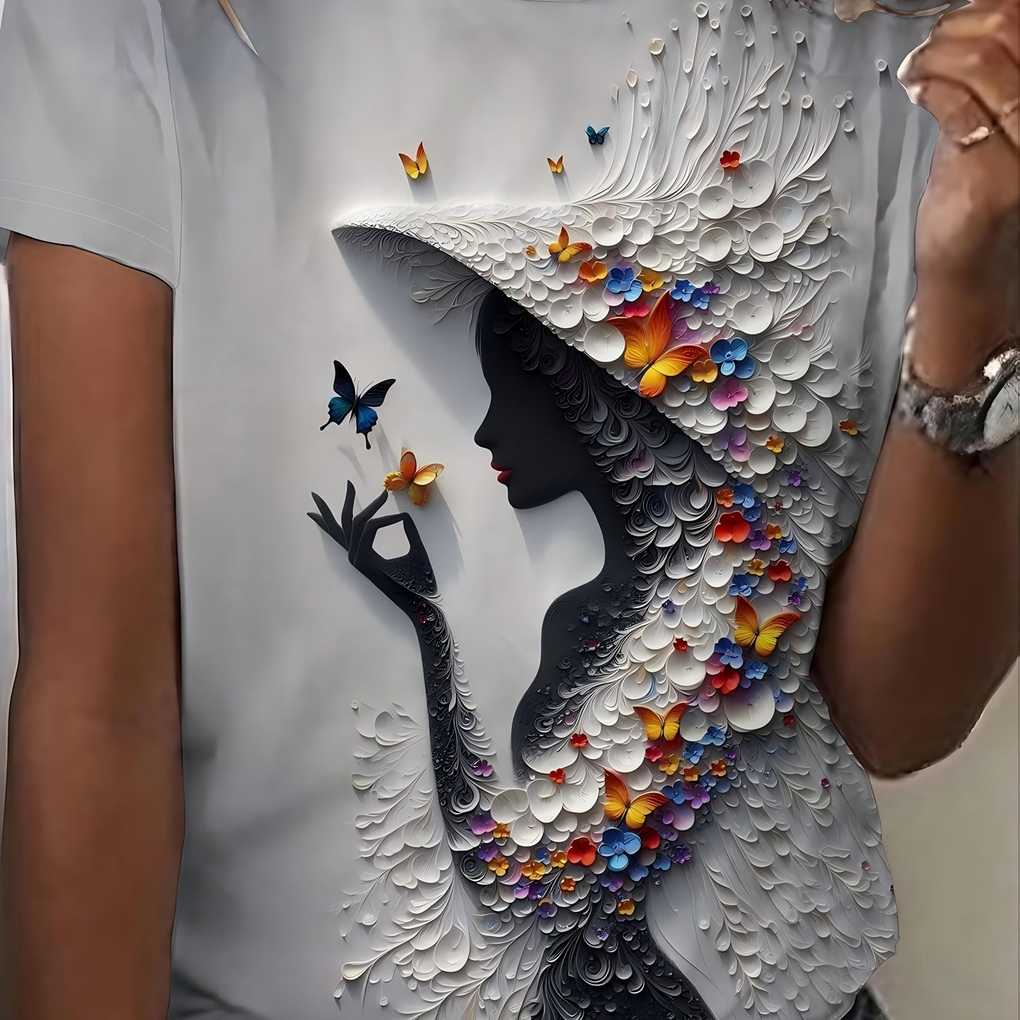 Plus-Size Women's Lightweight Breathable Stretchy Short Sleeve Crew Neck T-Shirt - Vibrant 3D All-Over Print Casual Summer Top, Machine Washable Daily Wear Tee, Butterfly Floral Design, Comfortable Fit Shirt
