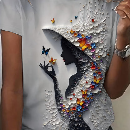 Plus-Size Women's Lightweight Breathable Stretchy Short Sleeve Crew Neck T-Shirt - Vibrant 3D All-Over Print Casual Summer Top, Machine Washable Daily Wear Tee, Butterfly Floral Design, Comfortable Fit Shirt