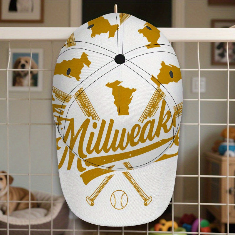 1pc Milwaukee Baseball Cap - Adjustable Snapback Hat with Full-Body Design, Vibrant Golden "Milwaukee" Emblem Print, Perfect for Sports, Running & Street Fashion, Polyester Material, Baseball Cap