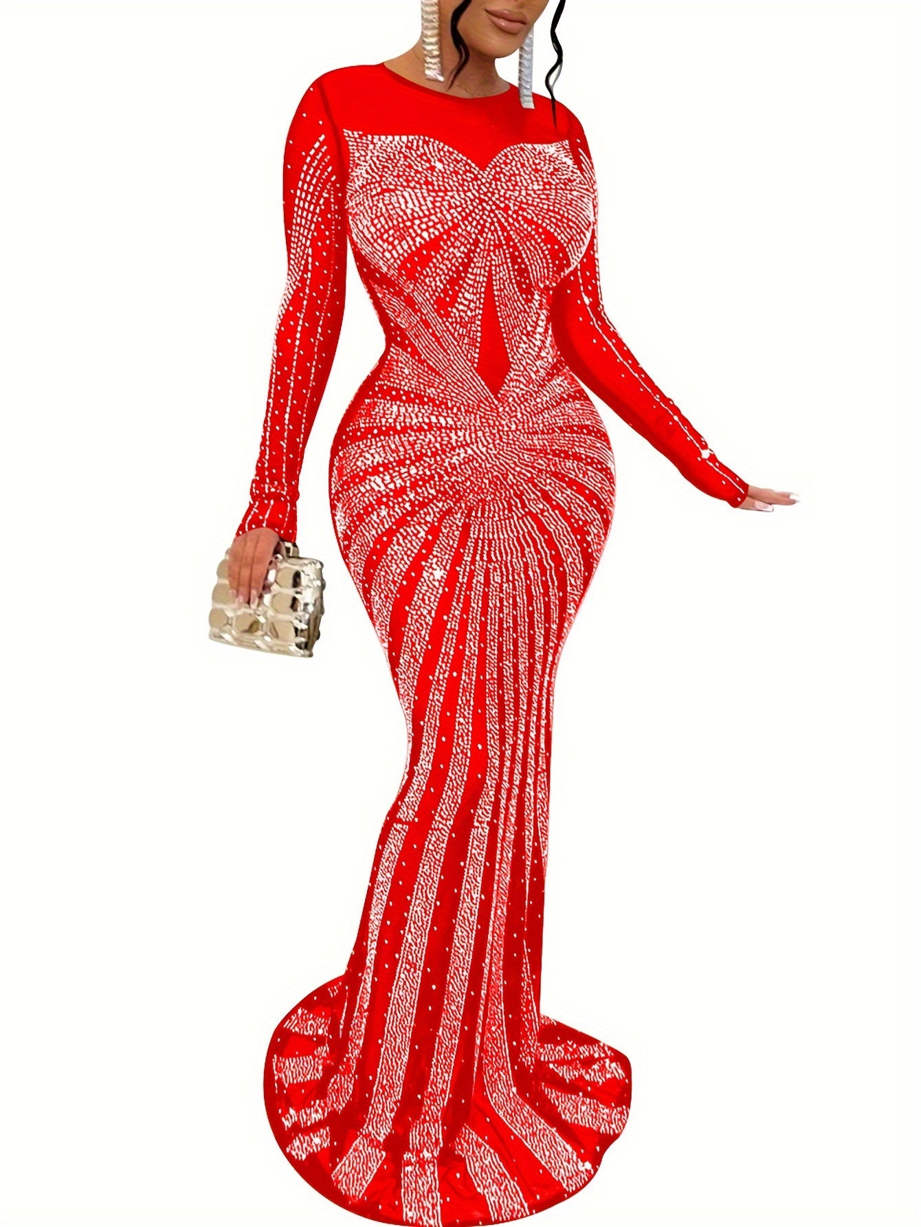 Long Sleeve Maxi Dress - Elegant Sheer Mesh with Rhinestone Detail - Bodycon Fit for Women - Perfect for Spring/Summer/Fall
