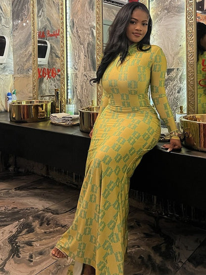 ARTPAGE Vintage Homewear Women'S Slim-Fit Elegant Printed Pencil Skirt Pleated High Neck Long Sleeve Dress | Trendy, Regular Fit, Belted Detail, Long Length