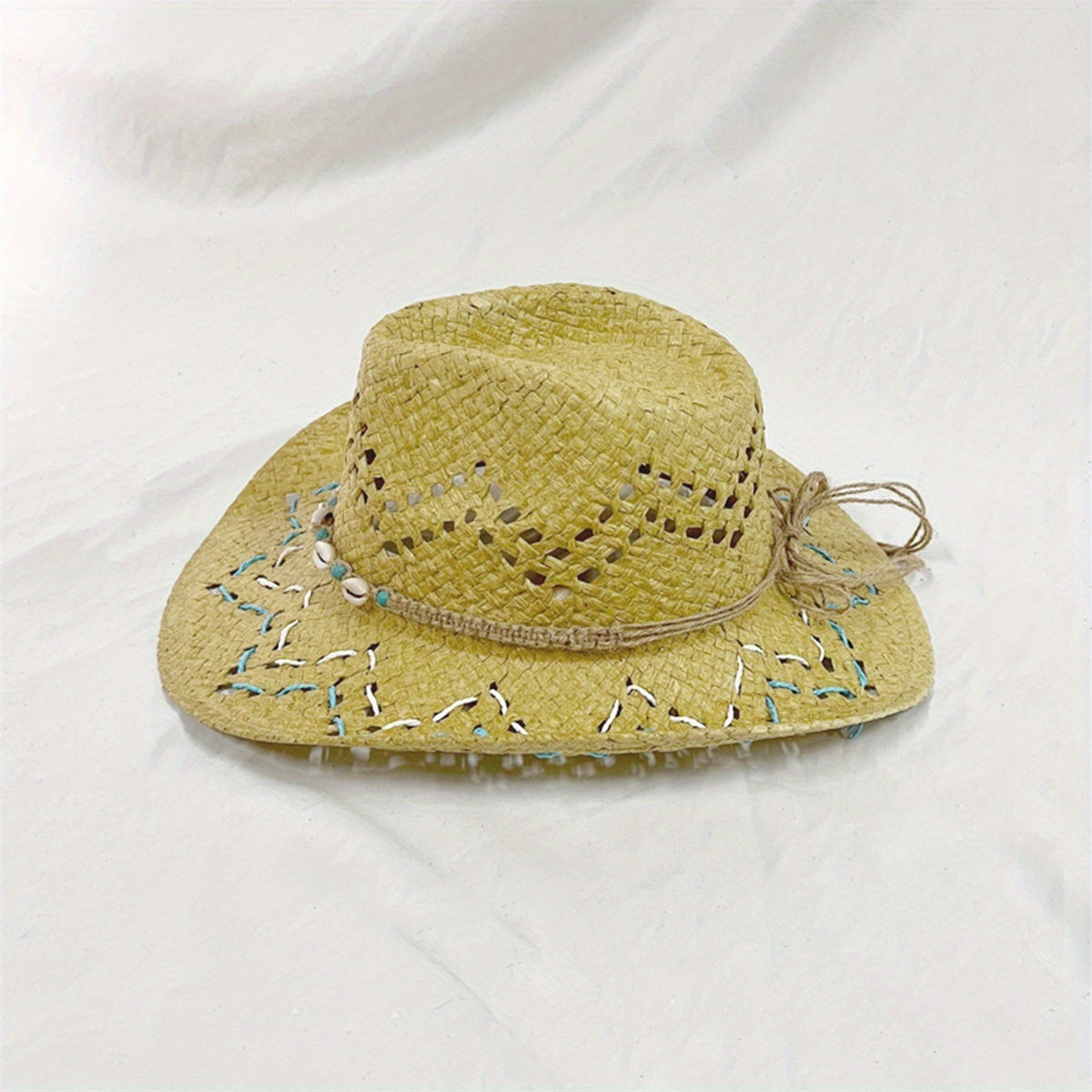 Women Summer Western Cowgirl Hat Bead Belted Wide Brim Straw Beach Cap