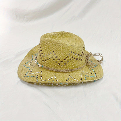 Women Summer Western Cowgirl Hat Bead Belted Wide Brim Straw Beach Cap