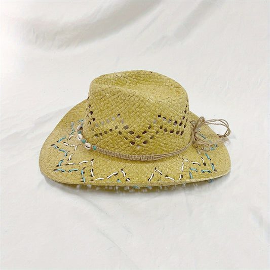 Women Summer Western Cowgirl Hat Bead Belted Wide Brim Straw Beach Cap