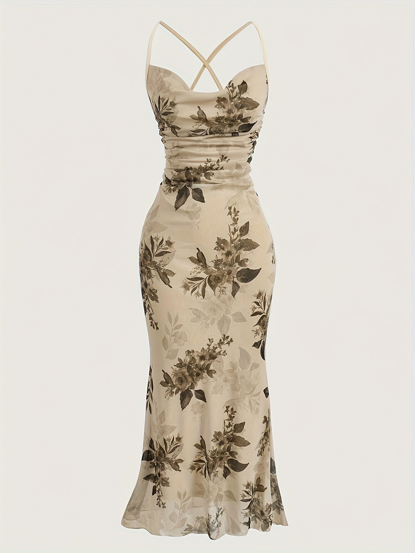 Vintage Elegant Cocktail Party Spaghetti Strap Printed Mesh Midi Dress for Women