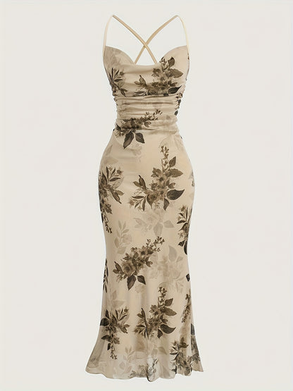 Vintage Elegant Cocktail Party Spaghetti Strap Printed Mesh Midi Dress for Women