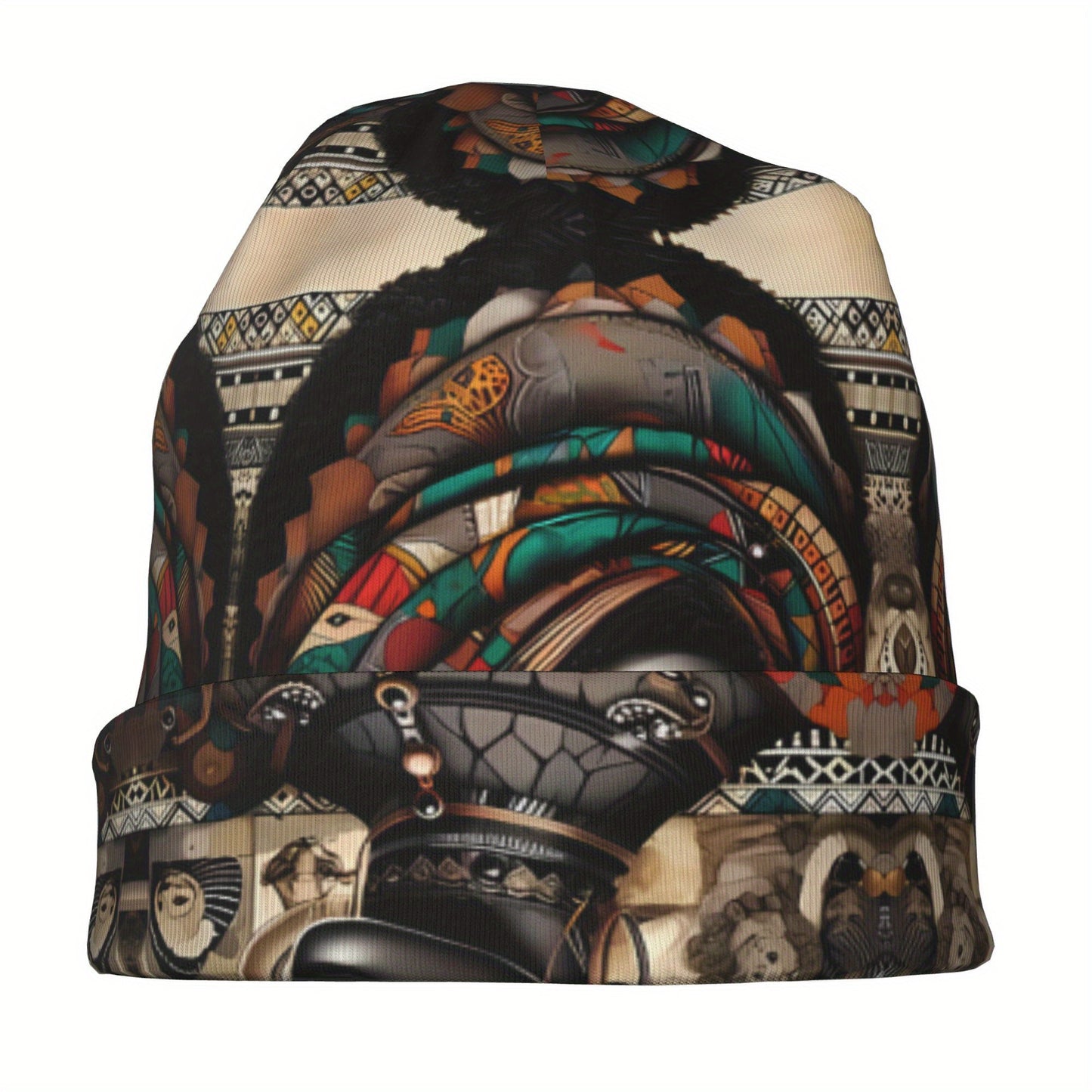 African Woman Print Beanie Hat - Unisex Winter Skull Cap with Vibrant Tribal Patterns, Cultural Heritage Design, Soft Warm Knit for Men & Women, Fashionable Cold Weather Accessory, Stylish Headwear, Cultural Pattern, Intricat