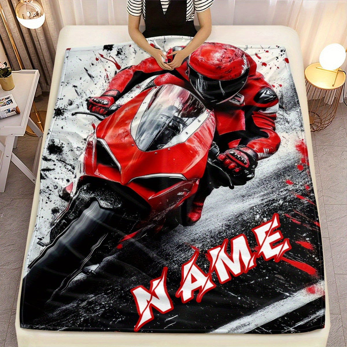 Custom Name Cool Red Motorcycle Blanket-Lightweight Home Furnishings Bedding Blanket Suitable for Sofas Beds Travel Camping Living Rooms Offices Sofas Chairs and Beds-Soft and Warm Fabric Digital Printed Blanket