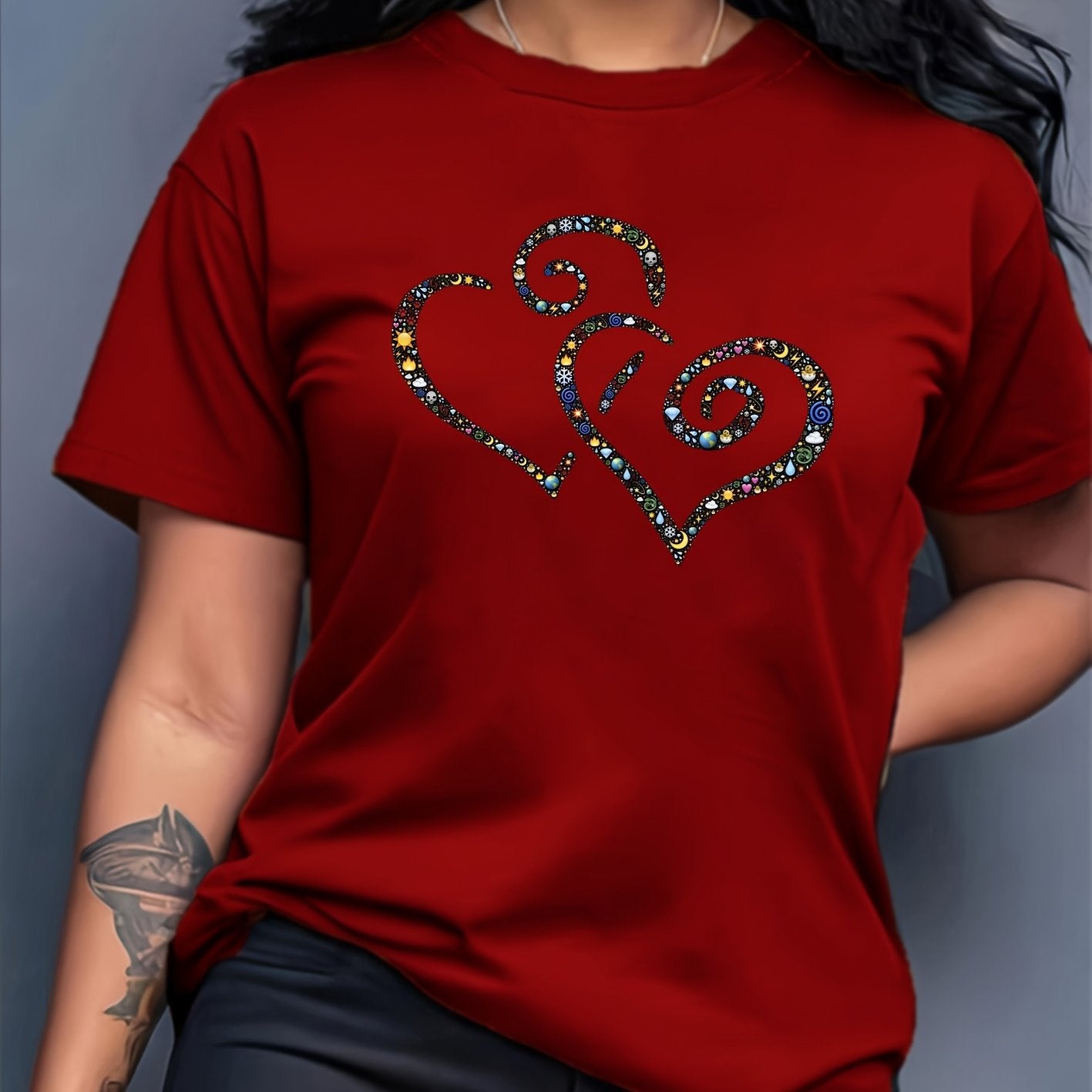 Women's Casual Short Sleeve T-Shirt with Rhinestone-Embellished Heart Print - Round Neck Relaxed Fit, Medium Stretch Fabric, Machine Washable, All-Season Versatile Top for Casual Attire & Vacations (S-XXL, Multi-Color Options