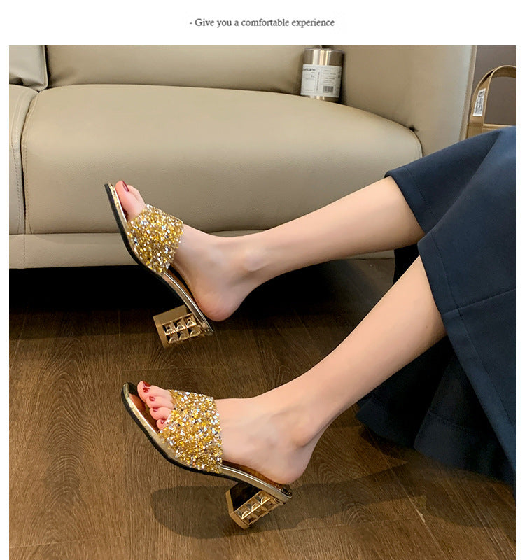 Women'S Chunky Heel Sandals - Slip-On Open-Toe High Heels with Ankle Strap, Golden Glamorous Party Shoes for Formal Events, Weddings, Nightouts - Cushioned Insole & Non-Slip PVC Sole - Available in Wide Widths (Women'S Summer