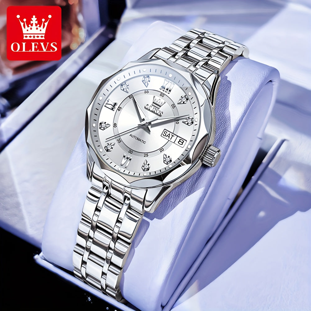 OLEVS Women'S Stainless Steel Automatic Mechanical Watch with Luminous Hands & Chronograph - Golden-Tone Elegant Round Watch, High Quality (Not), Luxury Analog Wristwatch for Women, No Battery/Easy Maintenance, Durable Everyd