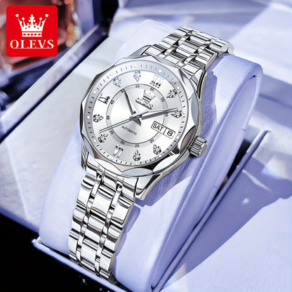 OLEVS Women'S Stainless Steel Automatic Mechanical Watch with Luminous Hands & Chronograph - Golden-Tone Elegant Round Watch, High Quality (Not), Luxury Analog Wristwatch for Women, No Battery/Easy Maintenance, Durable Everyd