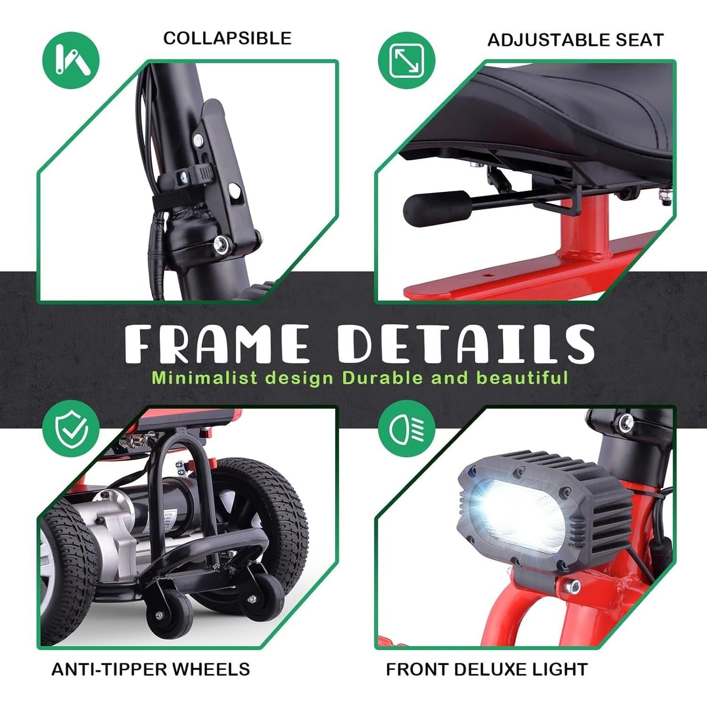 Premium Big Wheel Mobility Scooter for Seniors Adults, Electric Scooter with16'' Front Wheel, Adjust Height Seat and Foldable Handlebar, Led Lights, Max Load 300lb, Charger Included