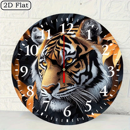 10x10 Inch Round Wooden Wall Clock with Tiger Head & Orange Leaves Design - Silent Non-Ticking Battery-Powered Modern Black/White Face, Golden Hands - Home Office Bedroom Decor, Wildlife-Themed Gift for Halloween Christmas (A