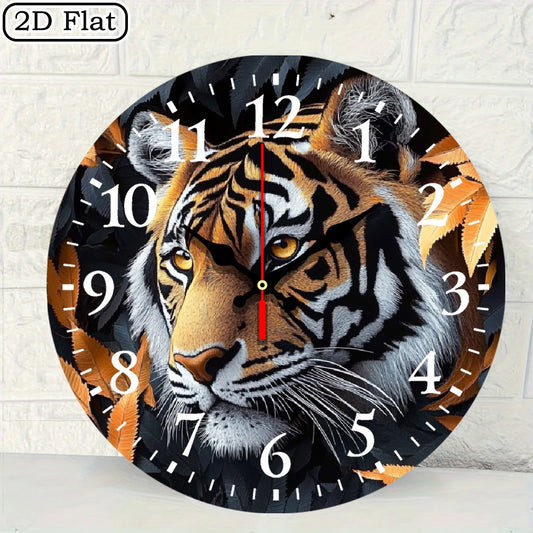 10x10 Inch Round Wooden Wall Clock with Tiger Head & Orange Leaves Design - Silent Non-Ticking Battery-Powered Modern Black/White Face, Golden Hands - Home Office Bedroom Decor, Wildlife-Themed Gift for Halloween Christmas (A