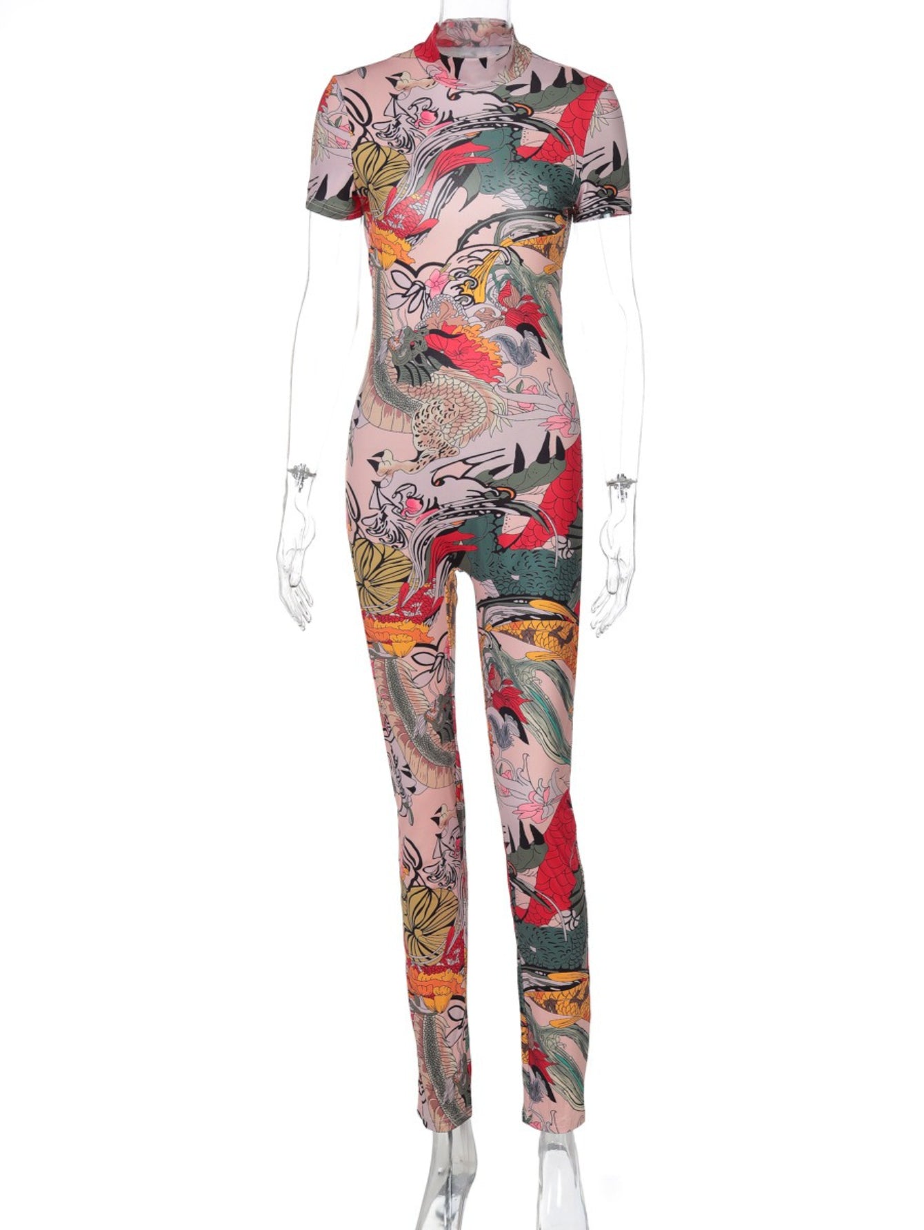 Women'S All-Over Print High-Neck Short Sleeve Jumpsuit - Slim-Fit See-Through Backless Bodysuit with Animal & Abstract Patterns, All-Season Elegant Party & Casual Outfit, Comfortable Stretch Fabric for Year-Round Wear (No Lin