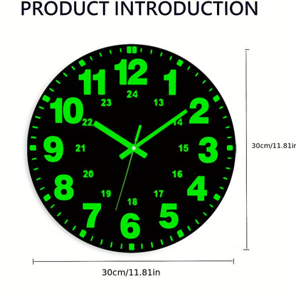 1pc Glow-in-the-Dark Wall Clock - 12 Inch Silent Non-Ticking Vinyl Round Clock with Green Numbers & Hands, Flat Crown Design, AA Battery Operated (Not Included) for Bedroom & Living Room Decor, Clock for Living Room, Durable