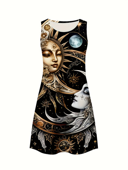 Women's Black & Golden Celestial Dresses - Sleeveless Party & Formal Outfits with Sun/Moon/Stars Print, Machine Washable Opaque Fabric Midi Dress for Everyday & Special Events, Dresses for Party, Versatile Fashion, Sophistica