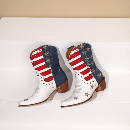 Women'S Western Cowboy Ankle Boots with Fringe & Studs - Two-Tone & Red Faux Cover, Chunky Mid-Heel, Round Toe, Pull-On Closure, Cushioned Insole & Arch Support - Western Boot for Casual, Formal, Everyday Outfits - 2025 New D