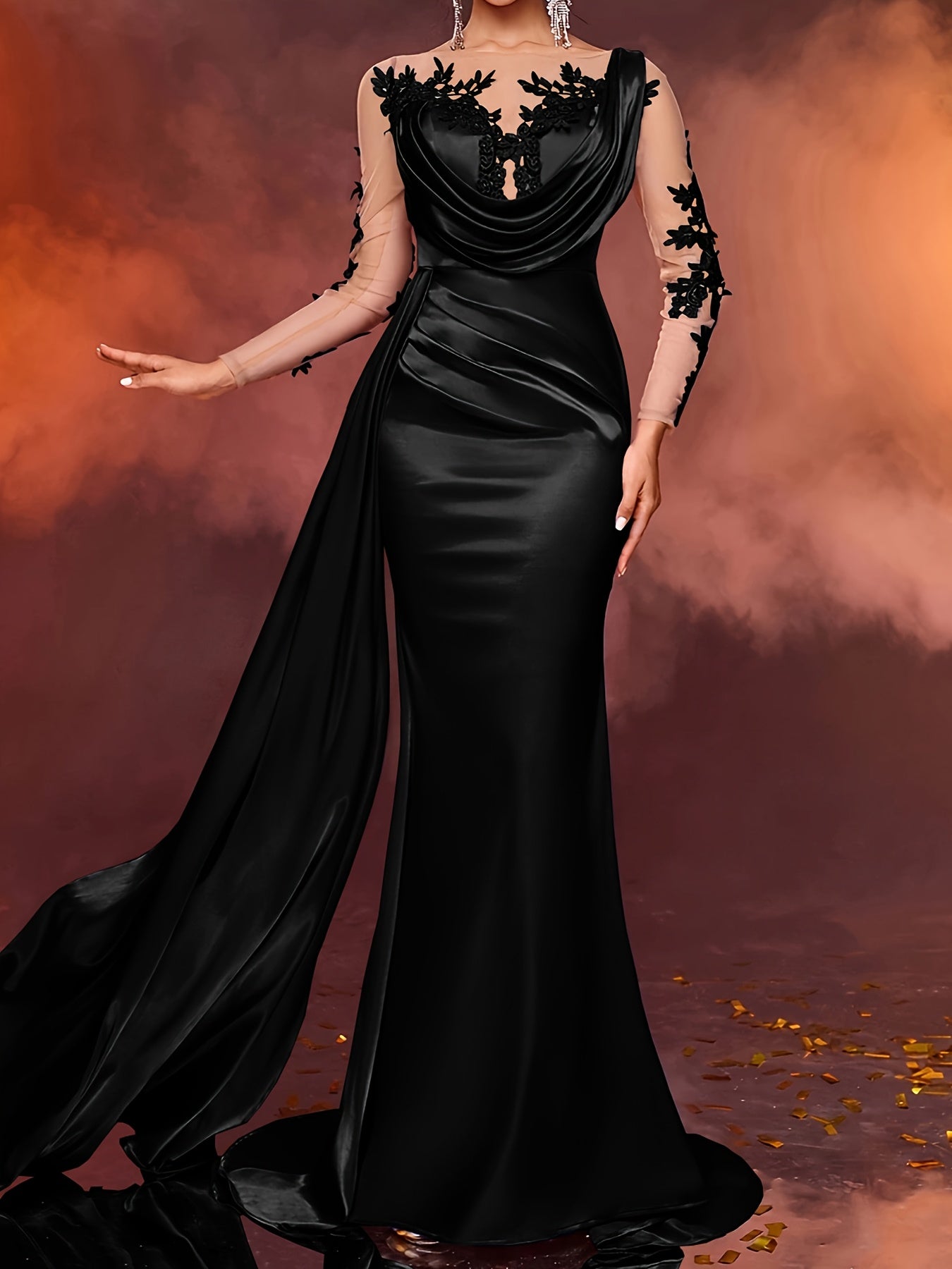 Elegant Long Ladies' Gown with Lace Detail | Solid Color, Contrast Mesh, Long Sleeve, Gown Hem, Ideal for Christmas, Birthday, Graduation, Travel