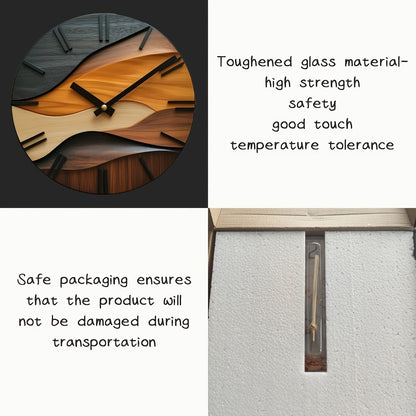 [Artistic Wall Clock] 12-inch Artistic Round Glass Wall Clock, Silent Non-Ticking High Quality Movement, 3mm Thickened Steel Tempered Glass, Faux Wood Grain Nordic Style with Corrugated Design | 1pc, Living Room Bedroom Home