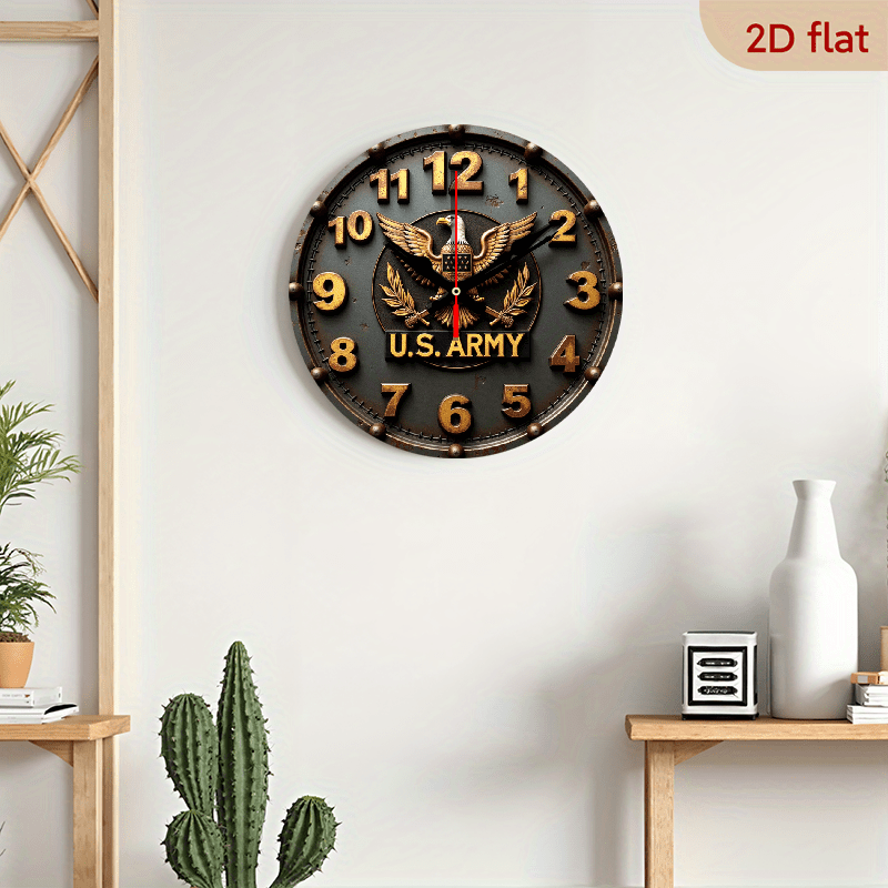 9.8" U.S. Army Silent Wall Clock - 2D Flat Printed Eagle Olive Branch Design, Artificial Wood Quartz Battery Operated (AA), Non-Luminous Military-Themed Home Decor for Living Room, Bedroom, Coffee Area, Clock for Living Room,