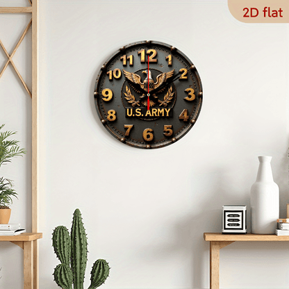 9.8" U.S. Army Silent Wall Clock - 2D Flat Printed Eagle Olive Branch Design, Artificial Wood Quartz Battery Operated (AA), Non-Luminous Military-Themed Home Decor for Living Room, Bedroom, Coffee Area, Clock for Living Room,