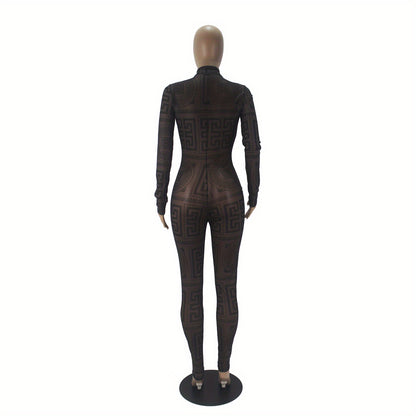 Women's Sexy One-Piece Outfit - Non-Transparent Long Sleeve Jumpsuit, Machine Washable Party & Everyday Jumpsuit for Women (S-XXL) - D9459