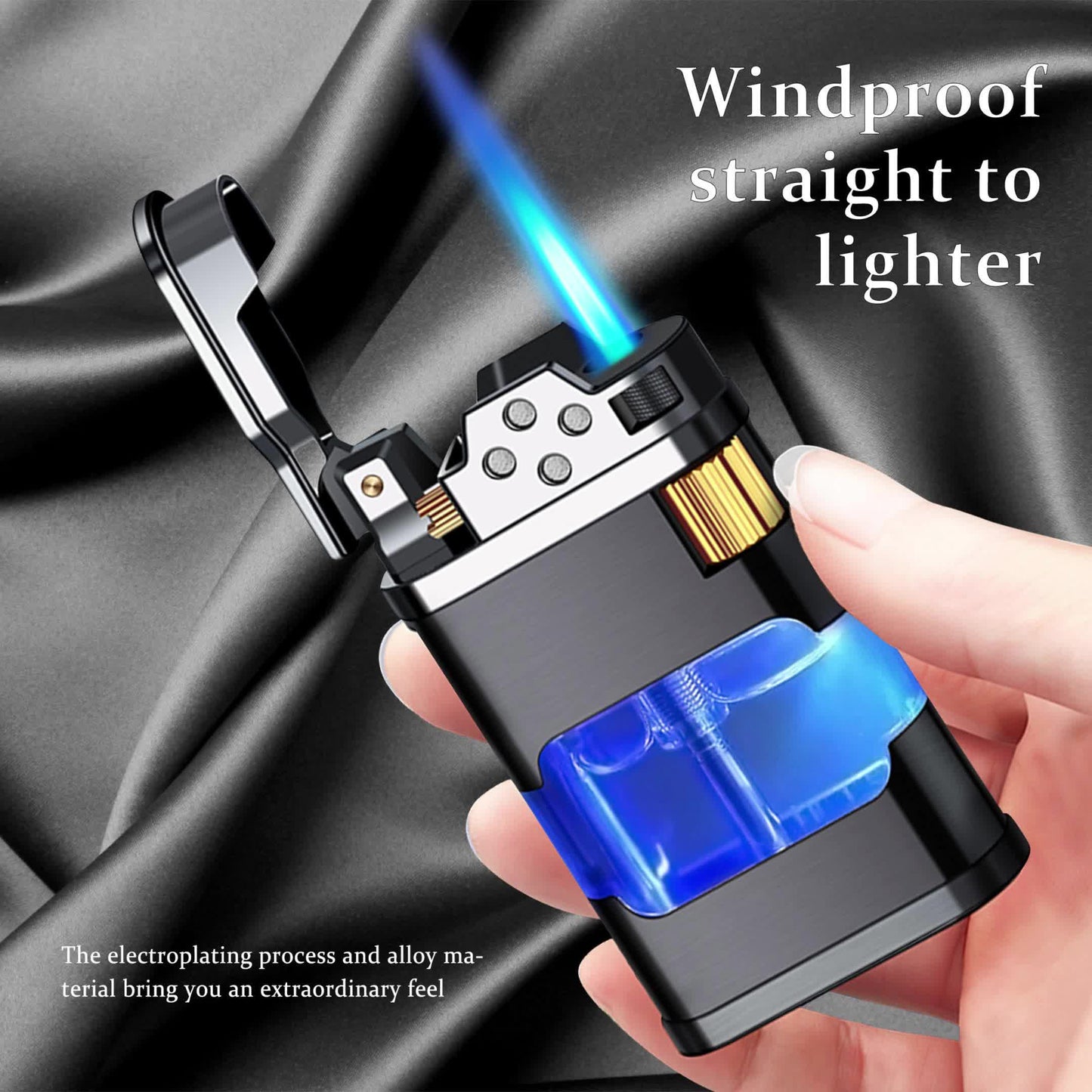 Windproof Blue Flame Butane Lighter with Transparent Gas Chamber & Wheel Ignition - Ergonomic Outdoor Lighter for Camping, Hiking, Candles - Durable Metal Construction, Perfect Gift for Dad, Boyfriend (No Butane Gas Included)